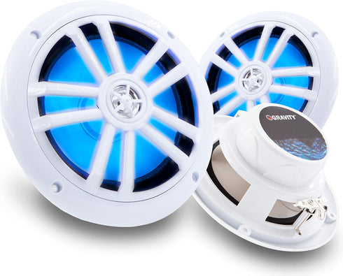 Gravity Marine Speakers - 6.5 Inch 2 Way Waterproof Outdoor Audio System with LED Lights, 350 Watt Power (White)