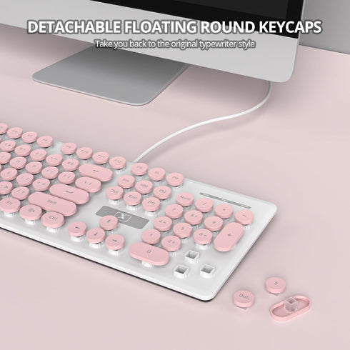 iRoboosta 104 Quiet Keyboard Wired Membrane Keyboard Pink, Full Size Keys Typewriter Key Board with Number Pad, White