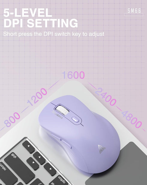 SM66 Purple Wireless Mouse for Laptop - Silent Dual Mode, Adjustable 4800 DPI, Rechargeable Bluetooth & Wireless
