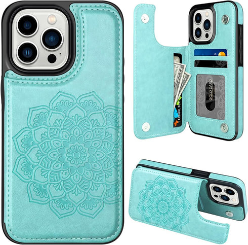 MMHUO Flower Magnetic Back Flip Case for iPhone 15 Pro, Mint, with Card Holder & Wallet Design