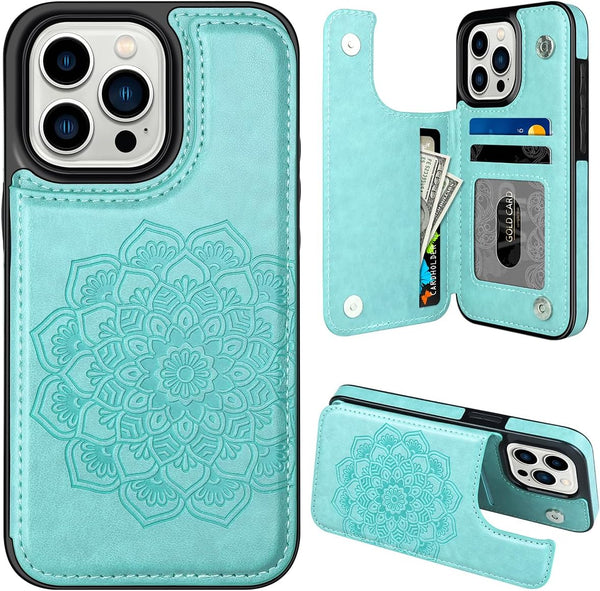 MMHUO Flower Magnetic Back Flip Case for iPhone 15 Pro, Mint, with Card Holder & Wallet Design