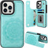 MMHUO Flower Magnetic Back Flip Case for iPhone 15 Pro, Mint, with Card Holder & Wallet Design