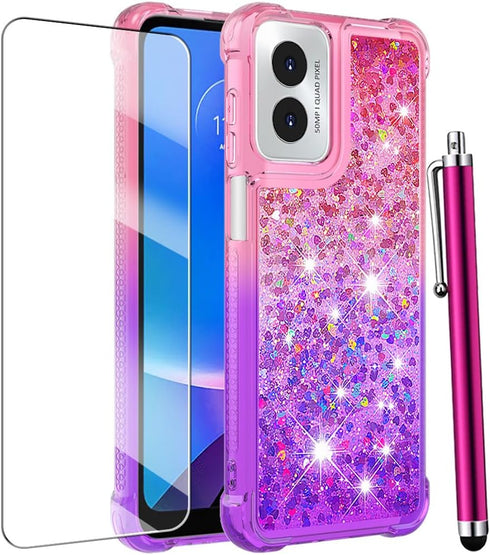 Shop the Moto G Play 2024 Case with Screen Protector - Cute Pink Purple Glitter Bling Slim TPU Soft Silicone Cover.