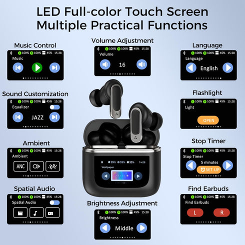 Wireless Earbuds with LCD Touch Screen, Bluetooth 5.3, Noise Cancelling, 32H Playback, IP4 Waterproof, 1.47" Screen