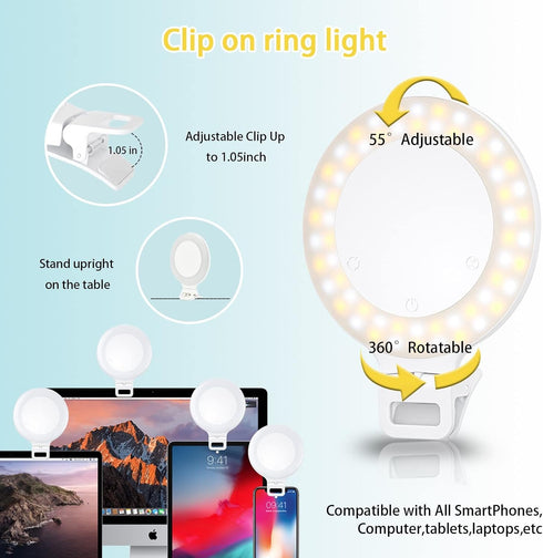 Selfie Ring Light - Clip on Touch Control Rechargeable 800mAh 60 LED Circle Light for Photography, Vlog, TikTok