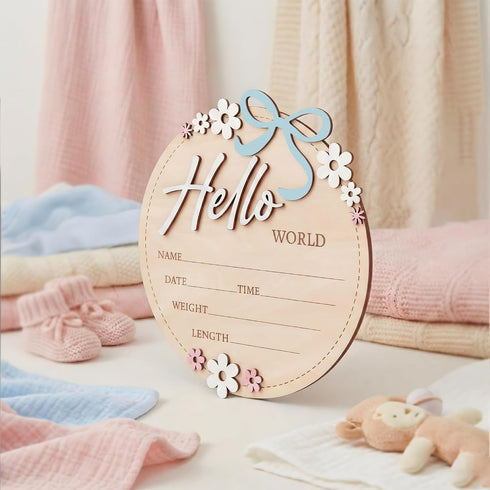 6 Inch Wooden Baby Announcement Sign Round Birth Stat Plaque with Floral and Bow Design (Blue)