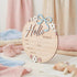 6 Inch Wooden Baby Announcement Sign Round Birth Stat Plaque with Floral and Bow Design (Blue)