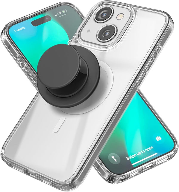 ENCASED Clear Case for iPhone 15 with Removable Magnetic Grip, Flat Collapsible Phone Holder, Compatible with MagSafe
