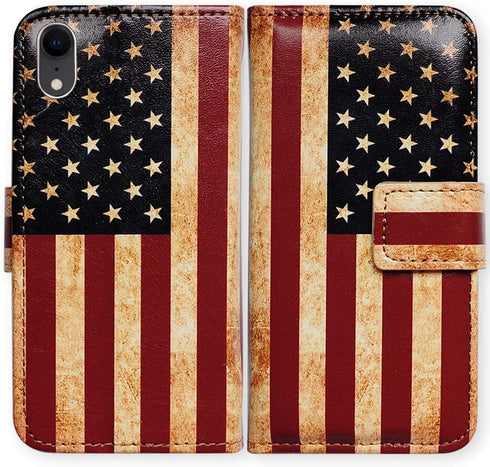 Case for iPhone XR, Retro American Flag Leather Flip Wallet Cover with Card Slot Holder and Kickstand