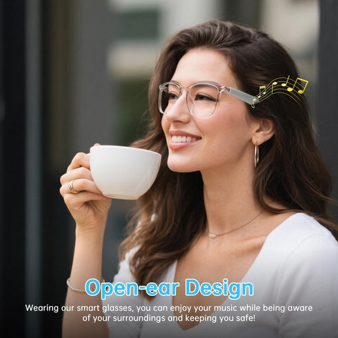GenXenon (GS03-C) Smart Glasses for Women, Clear Frame Blue Light Glasses, Magnetic Charging, Open-Ear Design, Voice