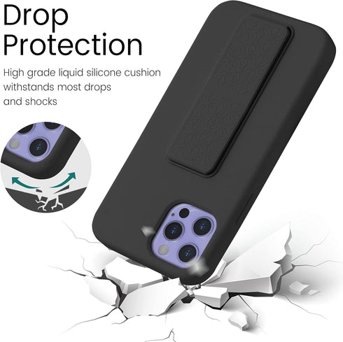LAUDTEC Silicone Kickstand Case for iPhone 12/12 Pro, Flexible Soft Liquid Silicone Cover with Metal Hand Strap (Black)
