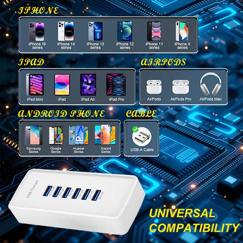 Generic 6-Port USB Fast Charger, Portable Charging Station, Suitable for Various Devices, Compatible with iPhone, iPad