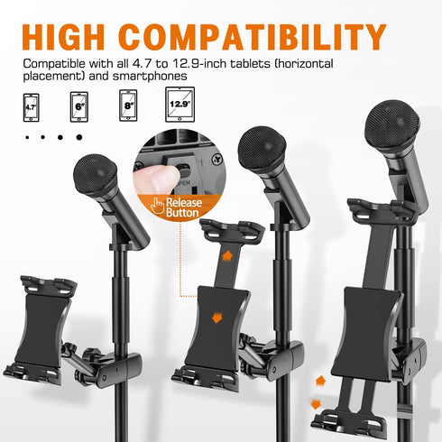 Tablet Holder for Microphone Stand, Mic Music Stand Tablet Holder for iPad, Smartphone, Fits Devices from 4.7 to 12.9