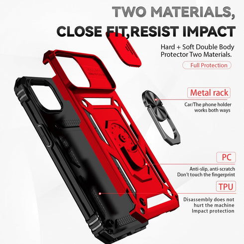 SunStory iPhone 15 Plus Case, Red with HD Screen Protector, Slide Camera Cover & Rotated Ring Kickstand, Military-Grade