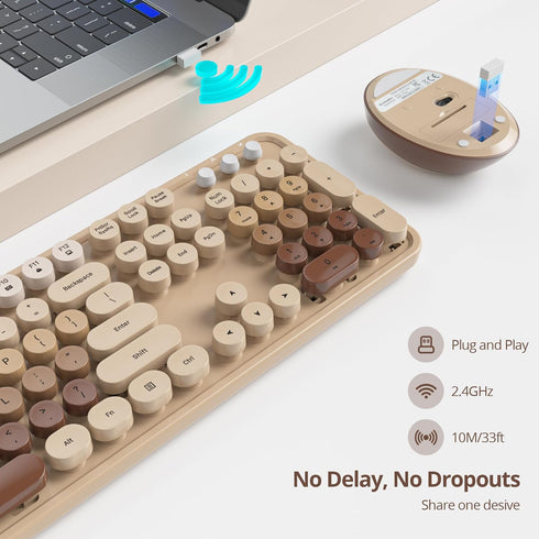 GTSP Retro Wireless Typewriter Keyboard and Mouse Combo, 2.4GHz Full-Size Cute Office Computer Keyboard with Round