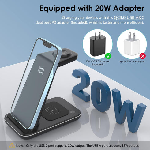 Minthouz 3 in 1 Fast Wireless Charging Station with 20W Adapter for Multiple Devices, Compatible with iPhone
