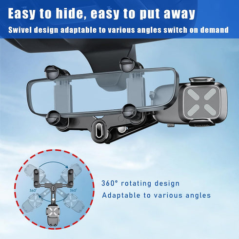 Rear View Mirror Phone Holder, 360 Degree Rotatable and Retractable Auto Phone Mount, Universal Holder for All