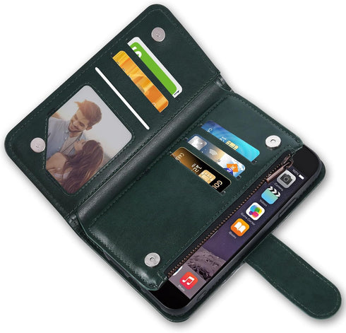 Asuwish iPhone 6 6s Wallet Case with Flip Card Holder & Tempered Glass Protector - Dark Green for Men & Women.