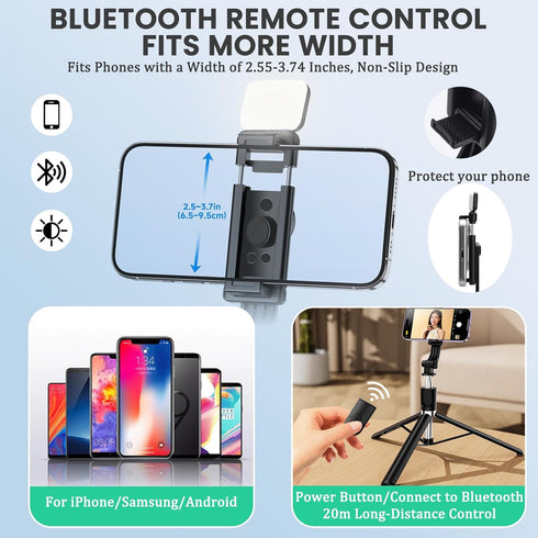 Treayes 67Inch Extendable Phone Selfie Stick with Wireless Remote, Tripod Stand and Fill Light, Portable