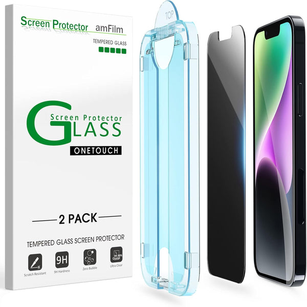 amFilm OneTouch Privacy Tempered Glass Screen Protector for iPhone 14 Plus & 13 Pro Max (6.7") - 2-Pack, Easy Install