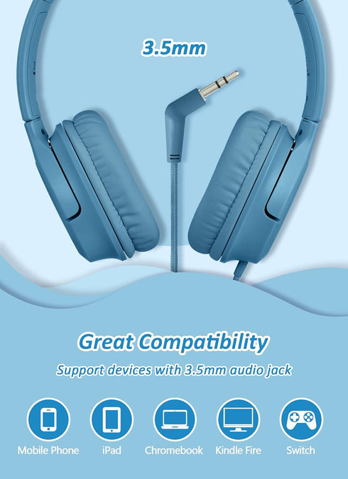 DyBaxa Kids Headphones - Foldable On-Ear, 94dB Volume Limiter, 3.5mm Jack, Dark Blue, Perfect for School & Travel.