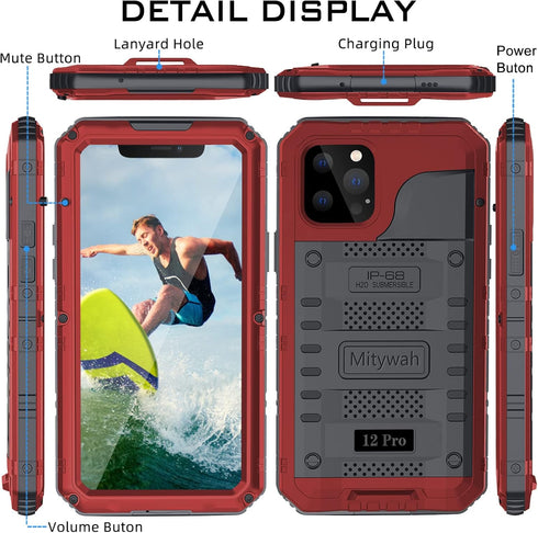 Mitywah Heavy Duty Waterproof Case for iPhone 12 Pro, Shockproof with Built-in Screen Protector, 6.1 Inch, Red