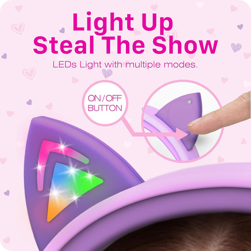 FosPower Kids Headphones with LED Light Up Cat Ears, 3.5mm On Ear Audio Headphones, Baby Pink/Lavender