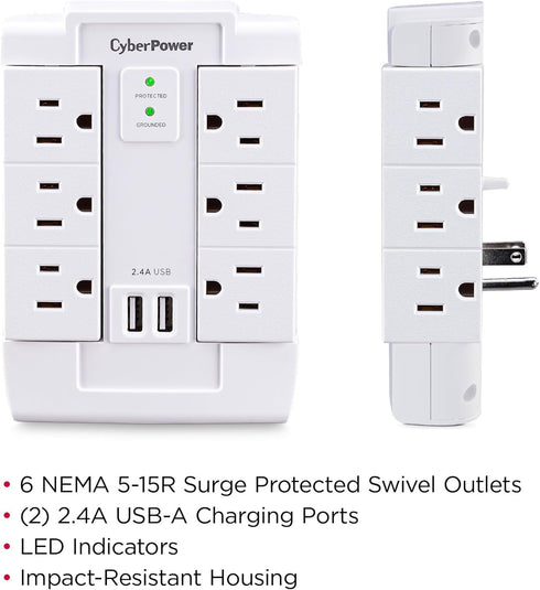 CyberPower CSP600WSURC2 Surge Protector, 1200J/125V, 6 Swivel Outlets, 2 USB Charging Ports, Wall Tap Design, White