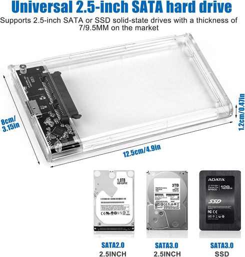 SSD HDD Hard Drive Enclosure 2.5" inch SATA III USB 3.0 Caddy Case External Reader Laptop Fast Data Trasfer UASP Cable Included Tool-Free LED Indicator Clear