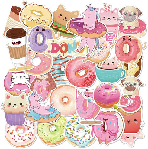 Donut Luggage Stickers (60pcs), PVC Waterproof Stickers for Kids, Adults, Cars, Motorcycles, Notebooks, Skateboard