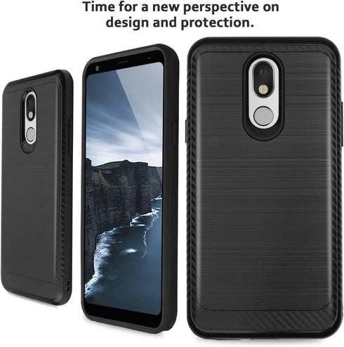 TJS Phone Case Compatible with LG Stylo 5, Hybrid Shockproof Metallic Brush Finish Hard Inner Layer (Black)