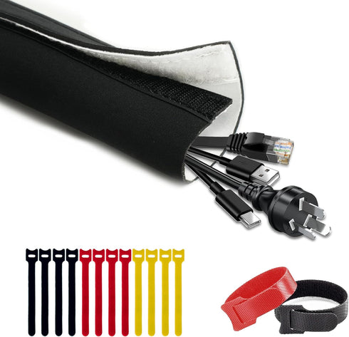 Neoprene Cable Management Sleeve - 10ft (120 inch), 1.5 inch, Velcro Cuttable Cord Organizer for TV USB PC