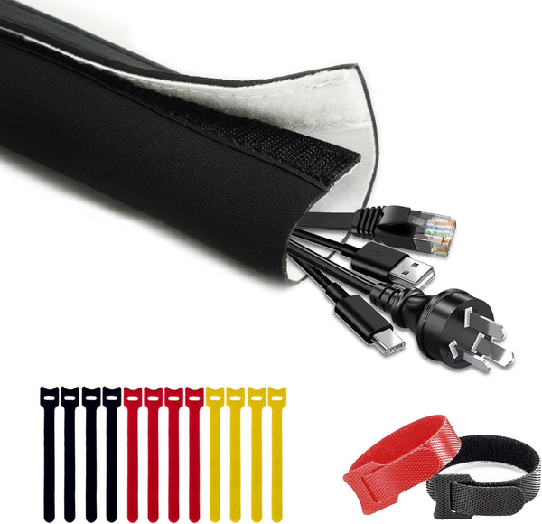 Neoprene Cable Management Sleeve - 10ft (120 inch), 1.5 inch, Velcro Cuttable Cord Organizer for TV USB PC