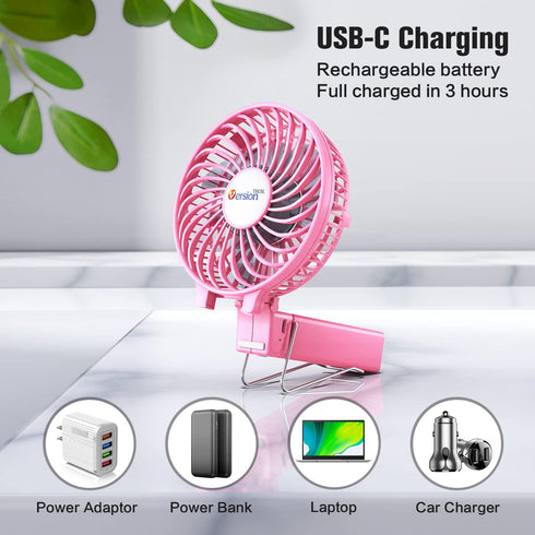 VersionTECH. Mini Handheld Fan, USB Desk Fan, Portable Table Fan with Rechargeable Battery for Travel, Pink