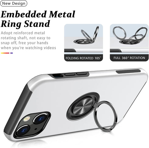 PELEPUES Shockproof Case for iPhone 13, Military Grade Cover with Embedded Finger Ring and Reinforced Metal Stand