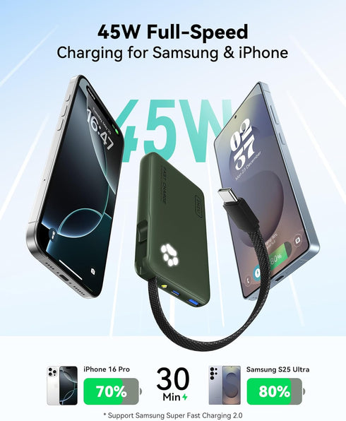 INIU 45W 10000mAh Pack 17 16 15 14, S25 S24 Power Bank, Fast Charging Portable Charger with Built-in USB C Cable, Small