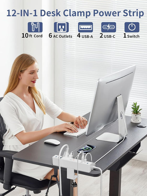 Fararaka 40W 6 6USB (2USB 1.8" 10Ft Desk Clamp Power Strip, Fast Charging Station, Desktop Mount Surge Protect