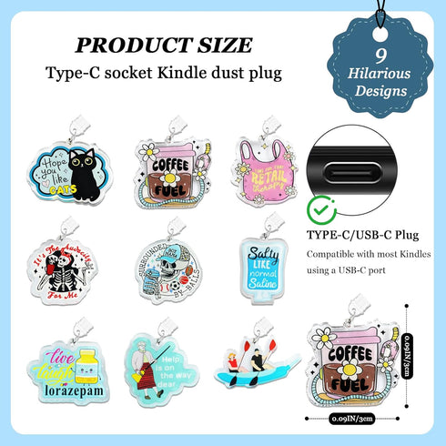 JINGSEN 9Pcs Charms for Kindle,About Funny Theme Dust Plug Charm Compatible with Type C Charging Port,Charms Compatible
