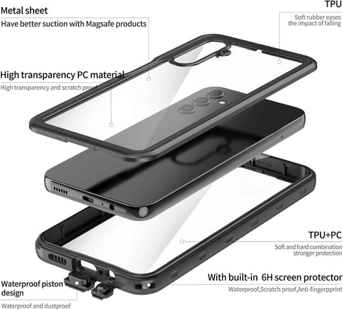 Waterproof Case for Samsung Galaxy A14 4G/5G, Snowproof, Dustproof, Shockproof, Full Body Protection, Black