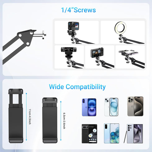 Overhead Phone Mount with Rechargeable Light for iPhone, Desk Tripod with Clamp for Content Creator Camera Recording