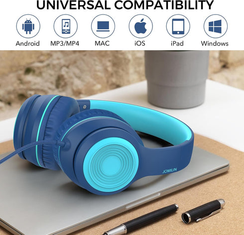 A8 Over-Ear Headphones with Microphone, Lightweight Folding Stereo Bass Headphones for Smartphone/Tablet (Blue)
