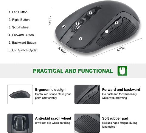 2.4G Wireless Mice, Super Energy Saving Portable Optical PC Laptop Mouse, 5 Adjustable DPI, 6 Buttons for Windows,
