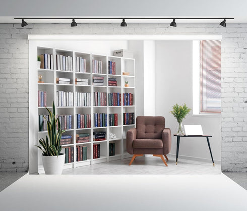BELECO 7x5ft Fabric Living Room Backdrop Modern Room Interior with Armchair White Bookcase, Office Zoom Meeting