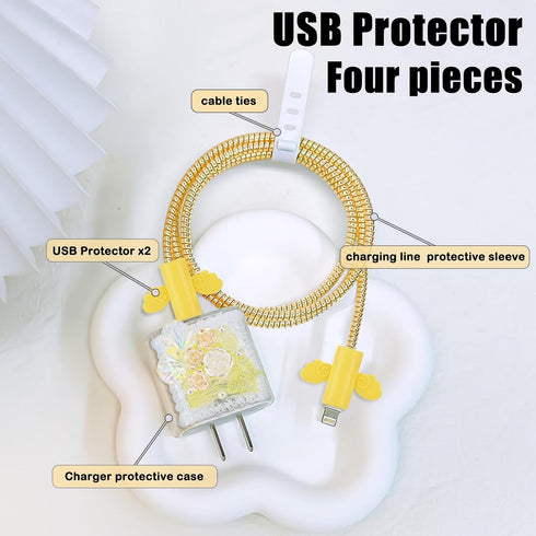 Glitter Cable Protector for iPhone Charger Adapter - Bling Cute Pearl Butterfly Flower Design, Yellow USB Case Cord