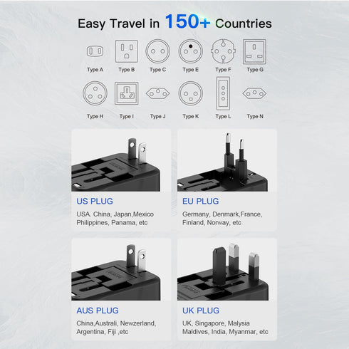 Universal Travel Adapter with USB C, International Power Plug Adapter All in One Worldwide Travel Adapter Power Converters Wall Charger AC Power Plug Adapter USB Type C Charger for USA EU UK AUS