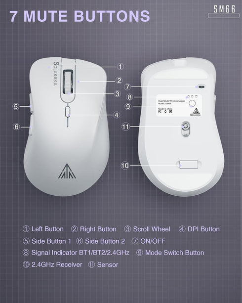 SM66 White Silent Dual Mode Wireless Mouse, Bluetooth/2.4GHz, Adjustable 4200 DPI, Rechargeable for PC, Mac