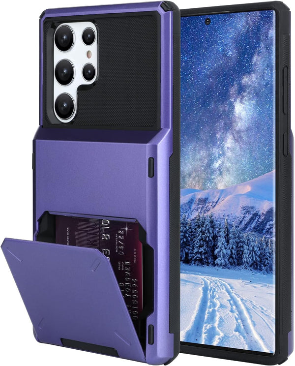 Samsung Galaxy S22 Ultra Wallet Case, Purple Shockproof Cover with 4-Card Holder Slot, Heavy Duty Protection