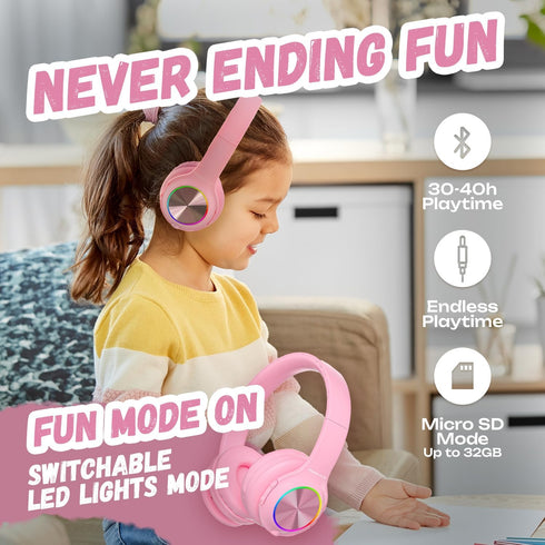 PowerLocus PLED Kids Bluetooth Headphones - Wireless Headphones with LED Lights, Safe Volume, Hi-Fi Stereo, Built-in Mic