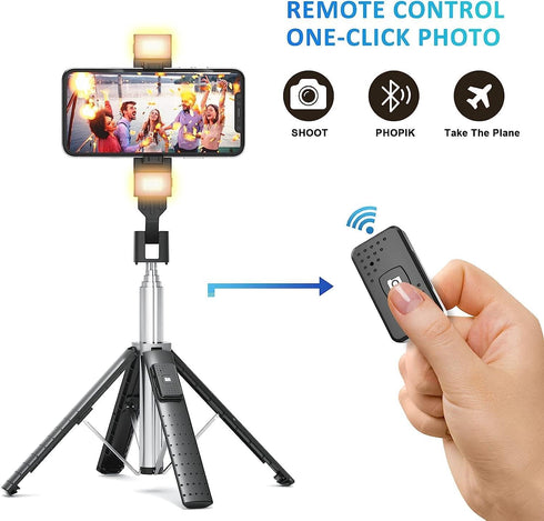 41” Selfie Stick Tripod Quadrapod with 2 Rechargeable Fill Light, Extendable Tripod with Bluetooth Remote for All