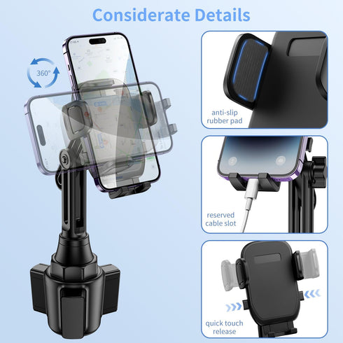 Cup Phone Mount for Car, Upgraded Universal Cradle Holder with Adjustable Neck for iPhone, Samsung, and More